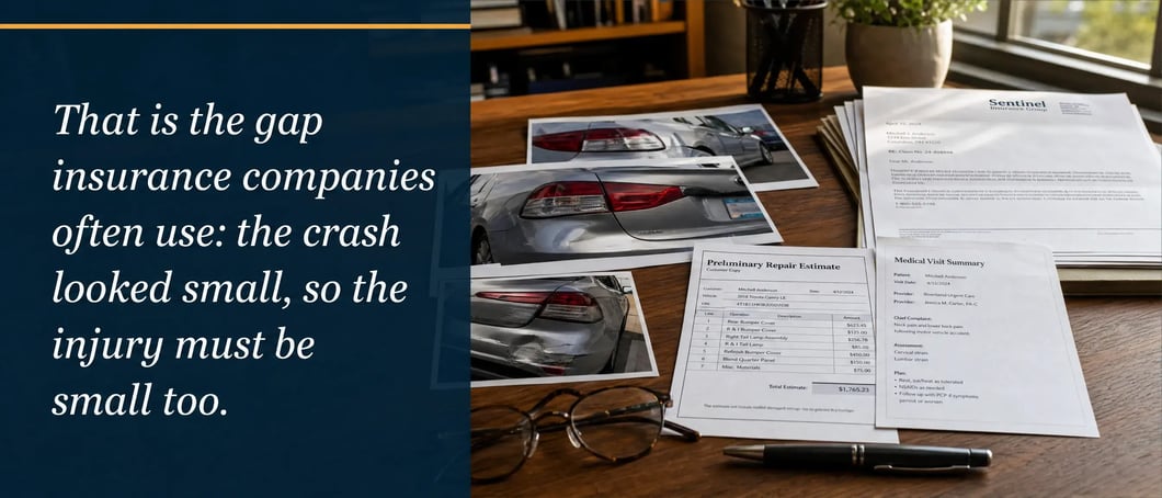rear-end-damage-photos-repair-estimate-medical-notes-desk